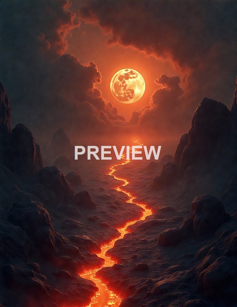 A surreal scene featuring a glowing full moon in the sky surrounded by dark clouds, with a fiery, glowing river flowing through a rugged, mountainous landscape towards the moon.